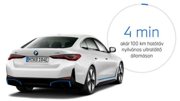 BMW i4, eDrive40, G26, 2021, egy rézsútos hátulnézetből látható autó a töltési időt mutató grafikonnal BMW i4, eDrive40, G26, 2021, egy rézsútos hátulnézetből látható autó a töltési időt mutató grafikonnal