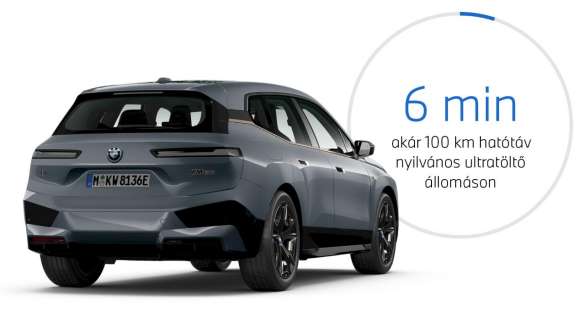BMW iX M60, i20, 2022, elektromos SUV, egy rézsútos hátulnézetből látható, BMW Individual Storm Bay metálfényezésű autó a töltési időt ábrázoló grafikával BMW iX M60, i20, 2022, elektromos SUV, egy rézsútos hátulnézetből látható, BMW Individual Storm Bay metálfényezésű autó a töltési időt ábrázoló grafikával