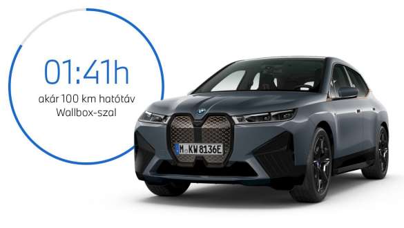 BMW iX M60, i20, 2022, elektromos SUV, egy rézsútos elölnézetből látható, BMW Individual Storm Bay metálfényezésű autó a töltési időt ábrázoló grafikával BMW iX M60, i20, 2022, elektromos SUV, egy rézsútos elölnézetből látható, BMW Individual Storm Bay metálfényezésű autó a töltési időt ábrázoló grafikával