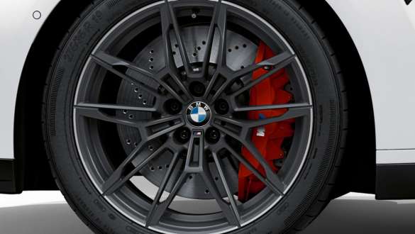 M Kompozit fék, magasfényű vörös, BMW M3 Competition Limousine, G80, 2020 BMW M3 Competition Limousine, G80, 2020, M Kompozit fék, magasfényű vörös, a kerék közelről