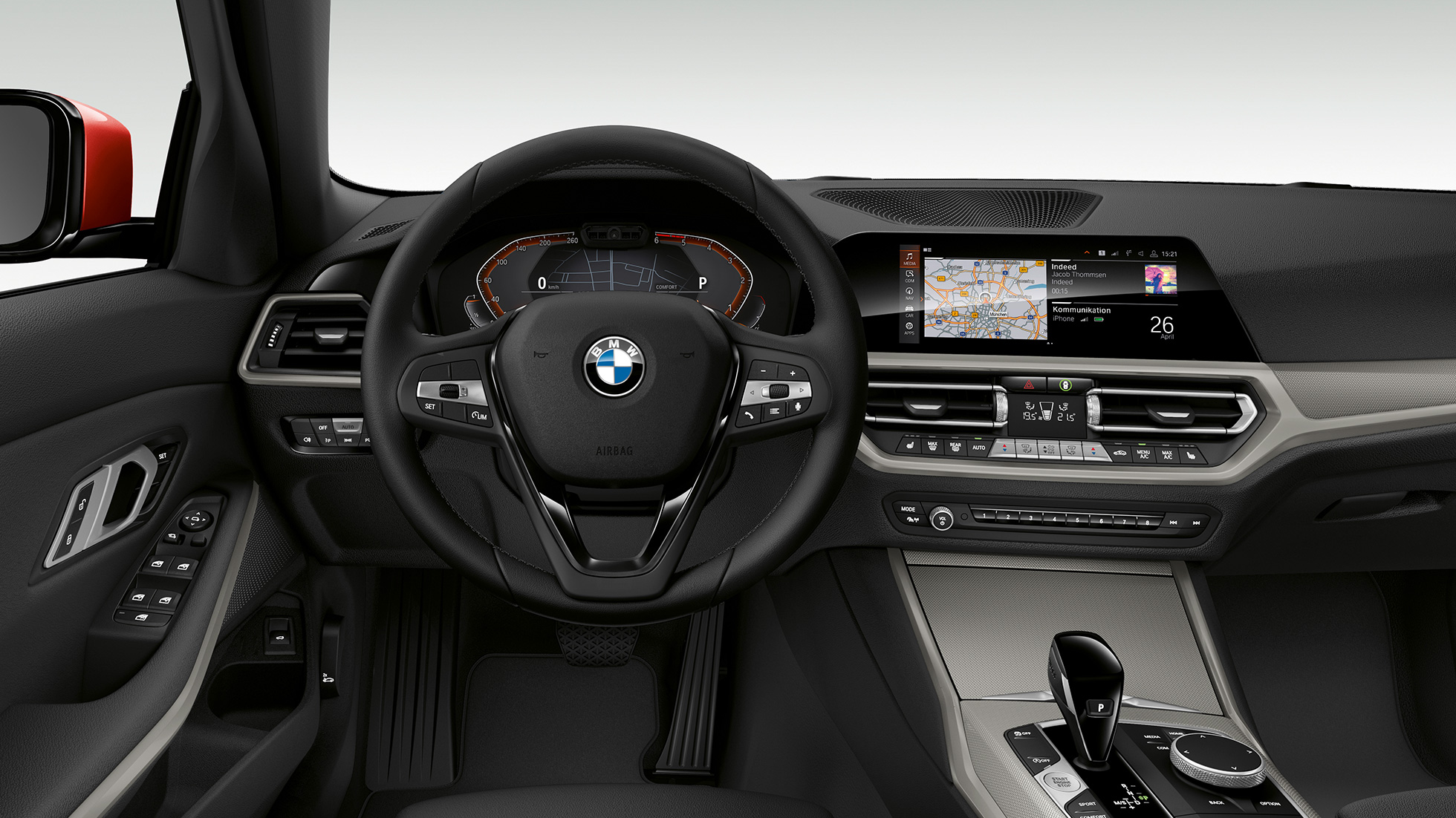 A BMW 3-as Limousine Advantage modell műszerfala. A BMW 3-as Limousine Advantage felszereltségű modell műszerfala szemből, közelről.
