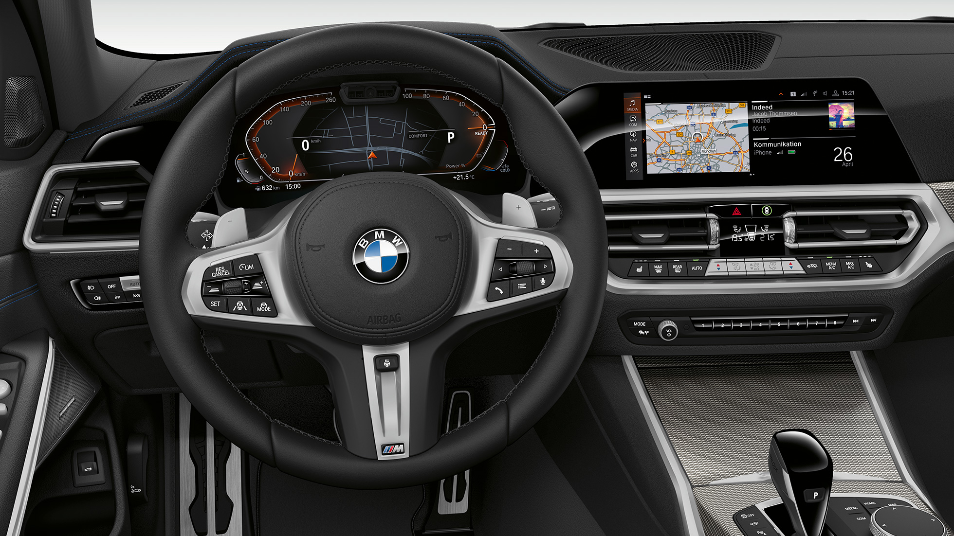 A BMW 3-as Limousine Sport Line modell műszerfala. A BMW 3-as Limousine Sport Line felszereltségű modell műszerfala szemből, közelről.