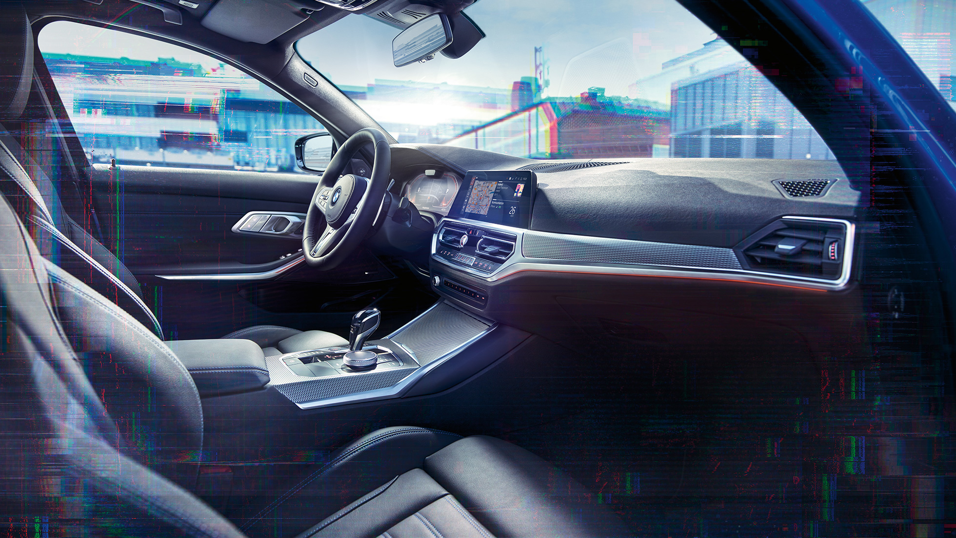 BMW 3-as Limousine, BMW Live Cockpit Professional. A BMW 3-as Limousine belső terének közeli felvétele a BMW Live Cockpit Professionallal.