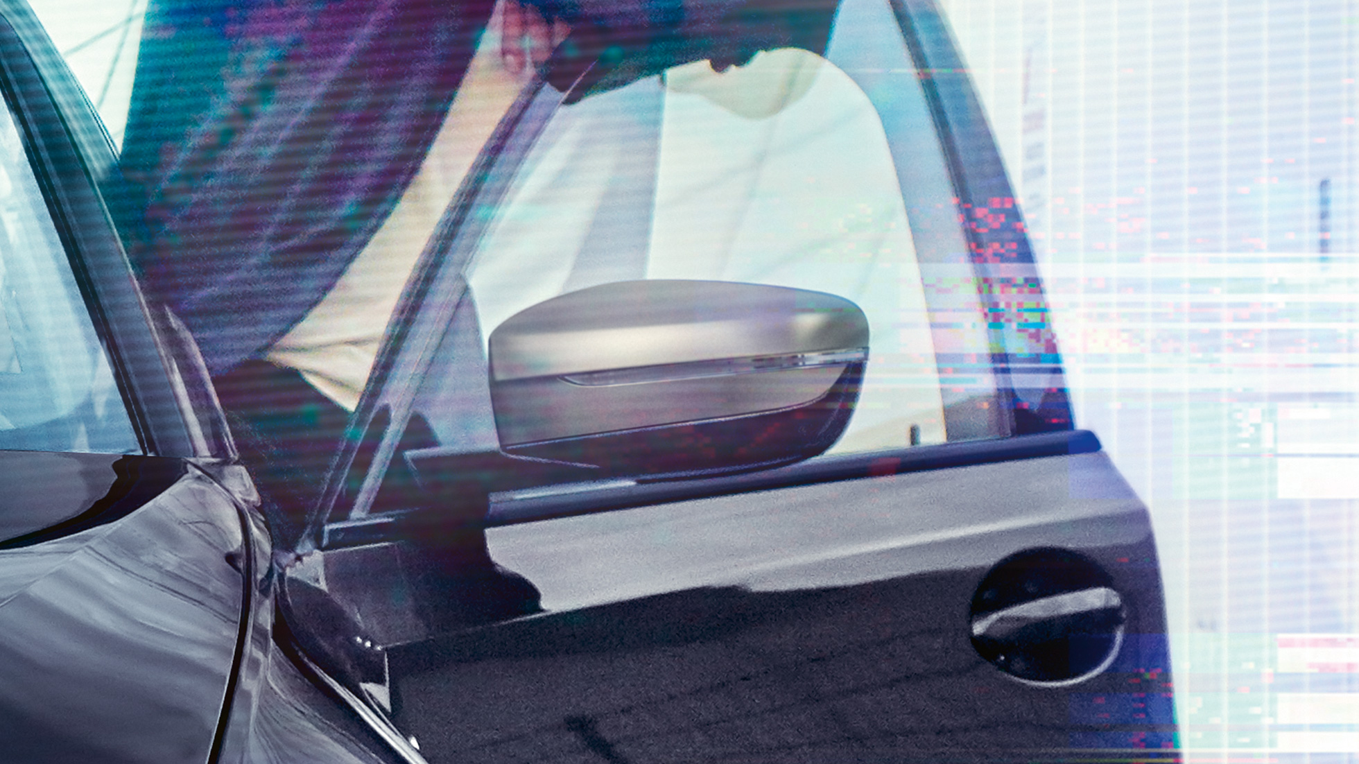 BMW 3-as Limousine, tükörborítások. A nyitott vezetőoldali ajtó részletes látványa a Cerium szürke metálfényezésű tükörborításokkal.