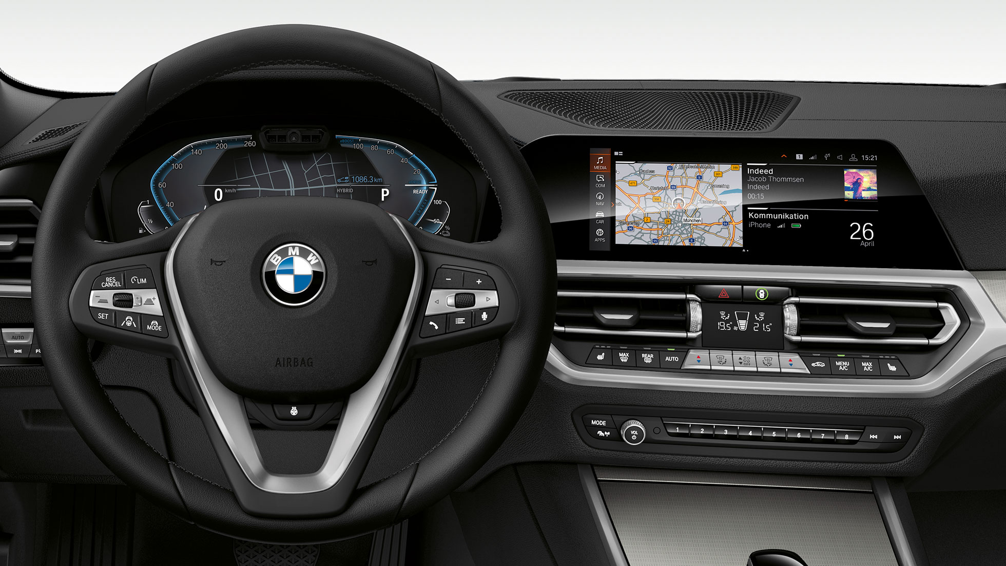 BMW 3-as Limousine, 330e Cockpit. A BMW 3-as Limousine műszerfalának részletes elölnézete i-specifikus kijelzésű műszeregységgel.