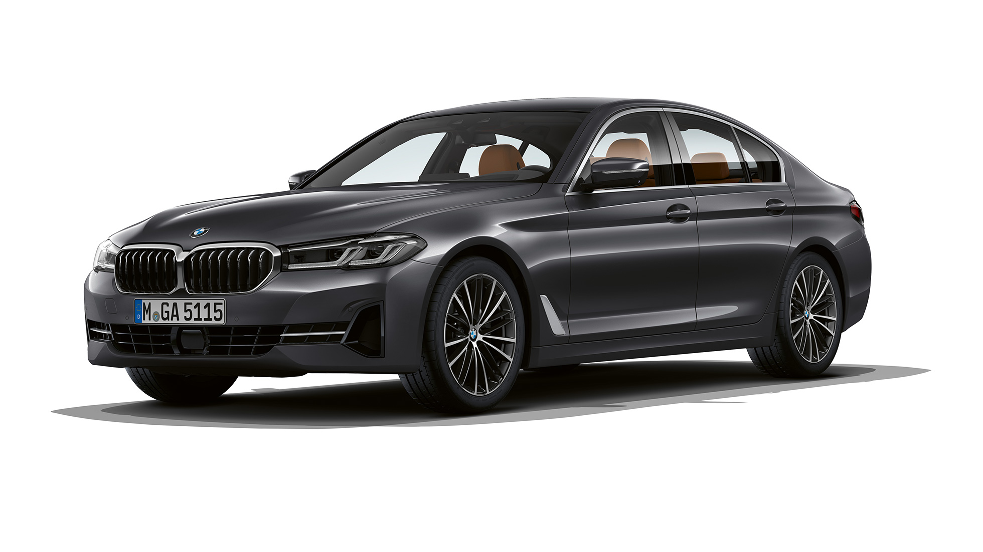 BMW 5 Limousine, G30, alapfelszereltségű modell BMW 5 Limousine, 540i, G30, egy alapfelszereltségű, Sophisto szürke fényezésű autó rézsútos elölnézetből