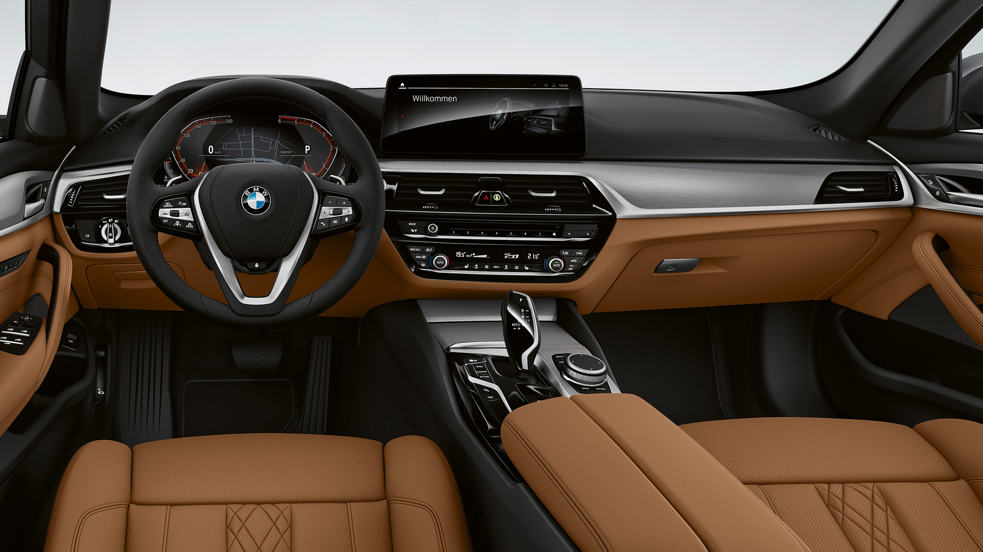 Műszerfal, BMW 5 Limousine, G30, alapfelszereltségű modell Műszerfal, BMW 5 Limousine, 540i, G30, 2020, alapfelszereltségű modell, Konyak színű Sensatec, belső tér