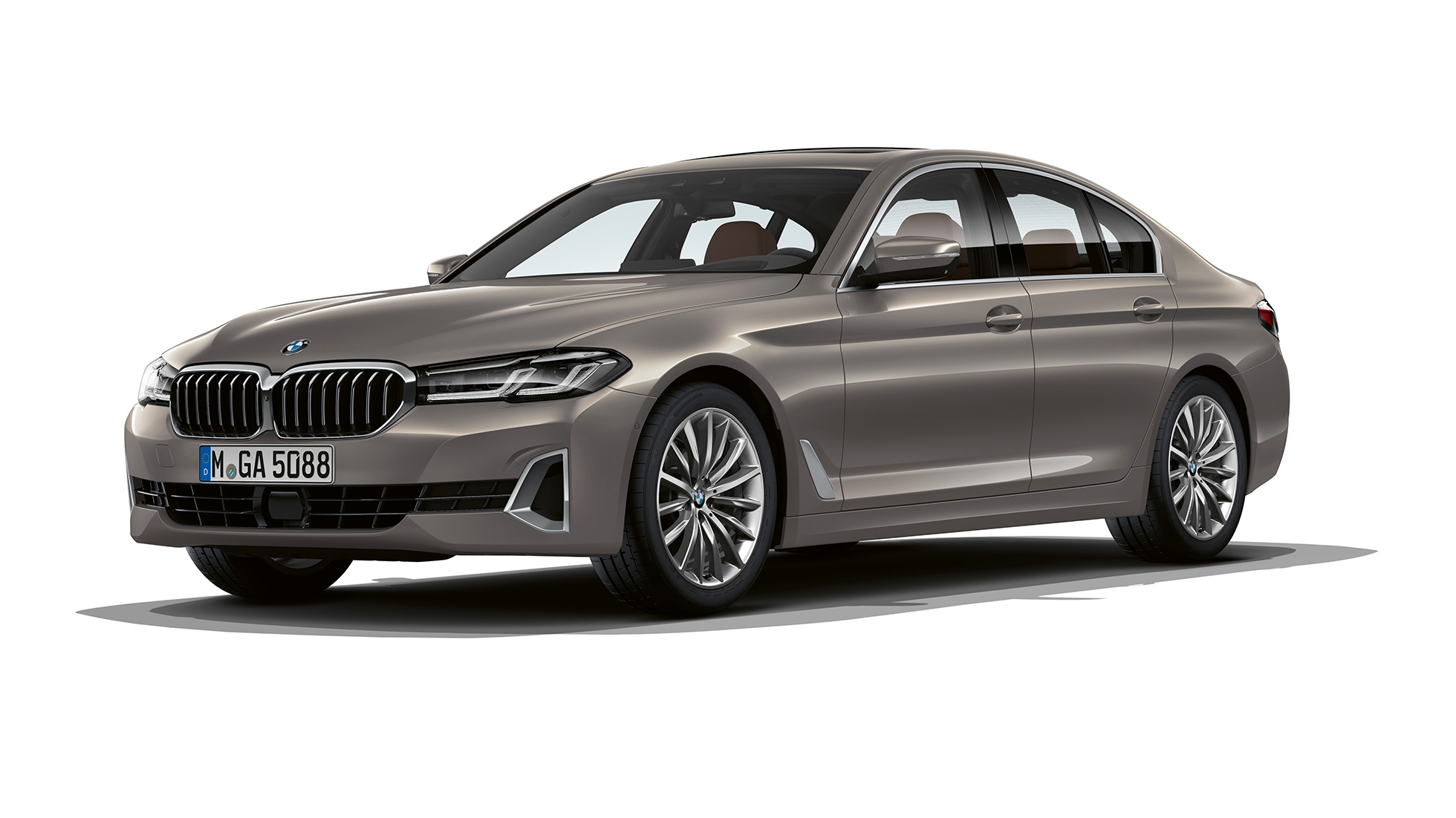 BMW 5 Limousine, G30, Luxury Line, elölnézet BMW 5 Limousine, 520d xDrive, G30, 2020, Luxury Line, egy Bernina szürke autó rézsútos elölnézetből