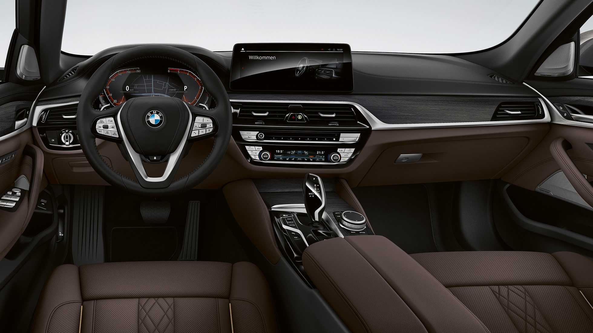 Műszerfal, BMW 5 Limousine, G30, Luxury Line Műszerfal, BMW 5 Limousine, 520d xDrive, G30, 2020, Luxury Line, exkluzív, Mokka színű Nappa bőrkárpit exkluzív varrással és kontrasztszegéllyel, belső tér