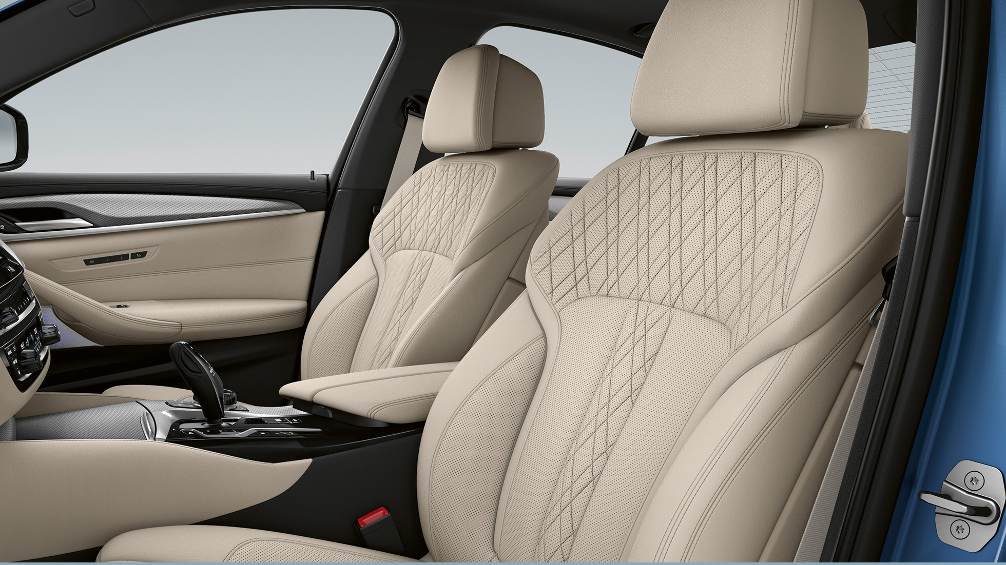 Kárpit, BMW 5 Limousine, G30, plug-in hibrid, M Sport csomag Fekete Dakota bőrkárpit kék kontrasztvarrással, BMW 5 Limousine, 520d xDrive, G30, M Sport csomag, belső tér