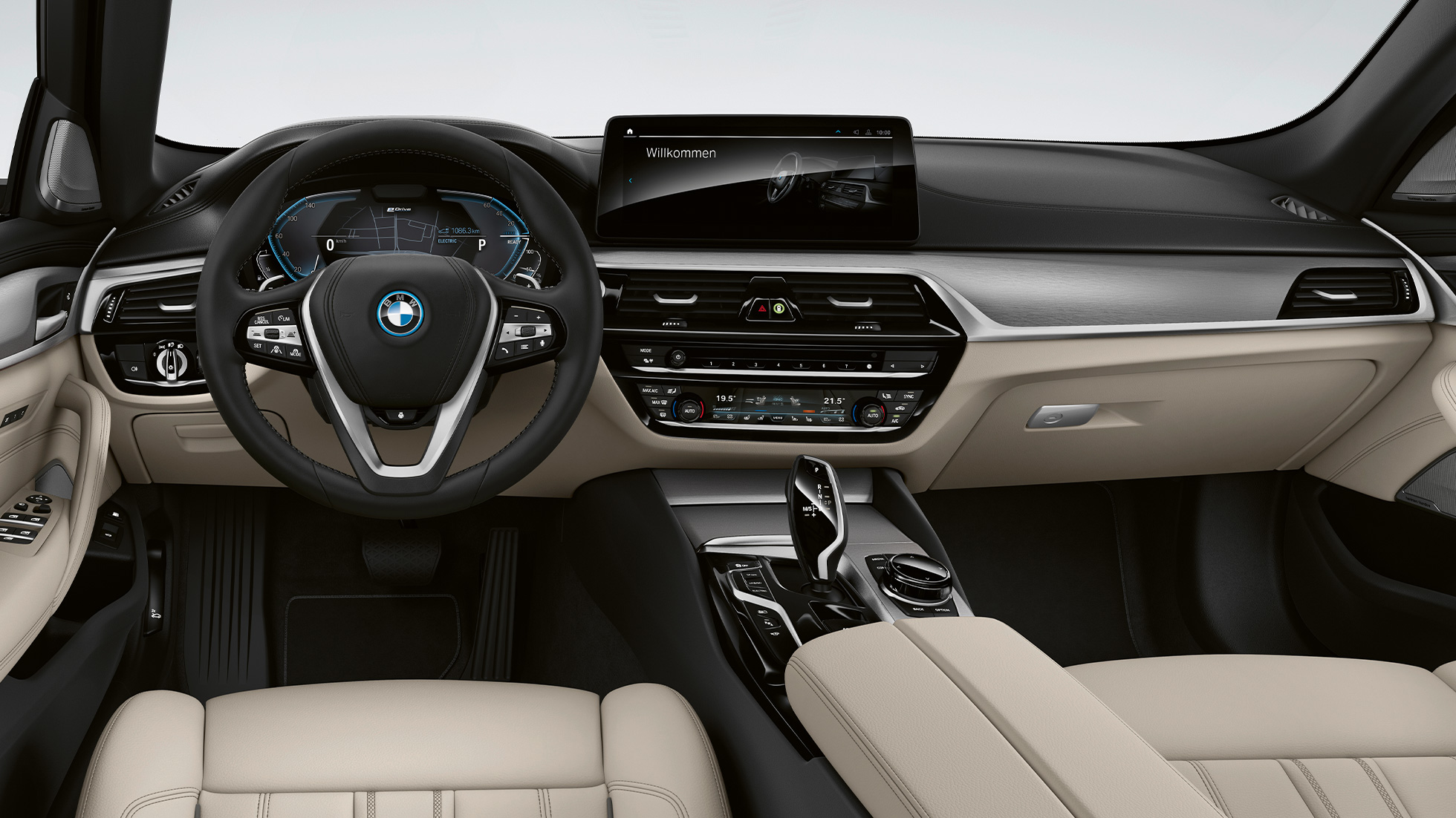 Műszerfal, BMW 5 Touring, G31, alapfelszereltségű modell Műszerfal, BMW 5 Touring, 530i, G31, 2020, alapfelszereltségű modell, Elefántcsont Dakota bőrkárpit exkluzív varrással és kontrasztszegéllyel, belső tér