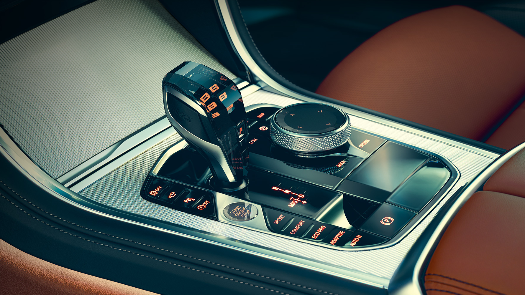 A BMW 8-as Coupé üveg díszítőelemei Közeli felvétel a BMW 8-as Coupé belső téri üveg díszítőelemeiről.