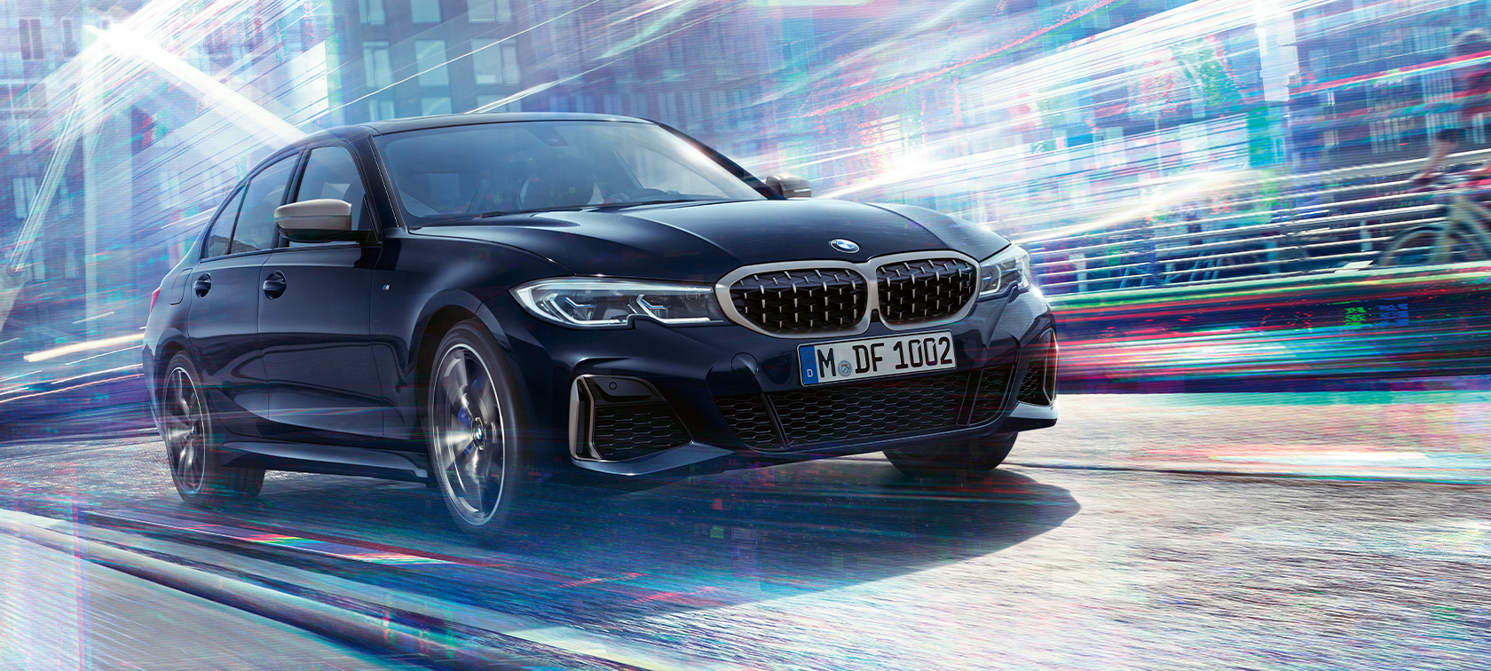 Dizájn, menetdinamikai tulajdonságok, BMW M340i xDrive Limousine Dizájn, menetdinamikai tulajdonságok, BMW M340i xDrive Limousine, G20, Zafírfekete metál, rézsútos elölnézetből