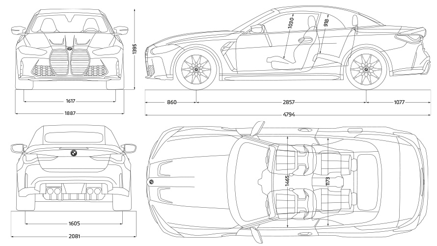 BMW M4 Competition Cabrio M xDrive-val, G83, 2021, méretvonalak, oldalnézet BMW M4 Competition Cabrio M xDrive-val, G83, 2021, méretvonalak, oldalnézet