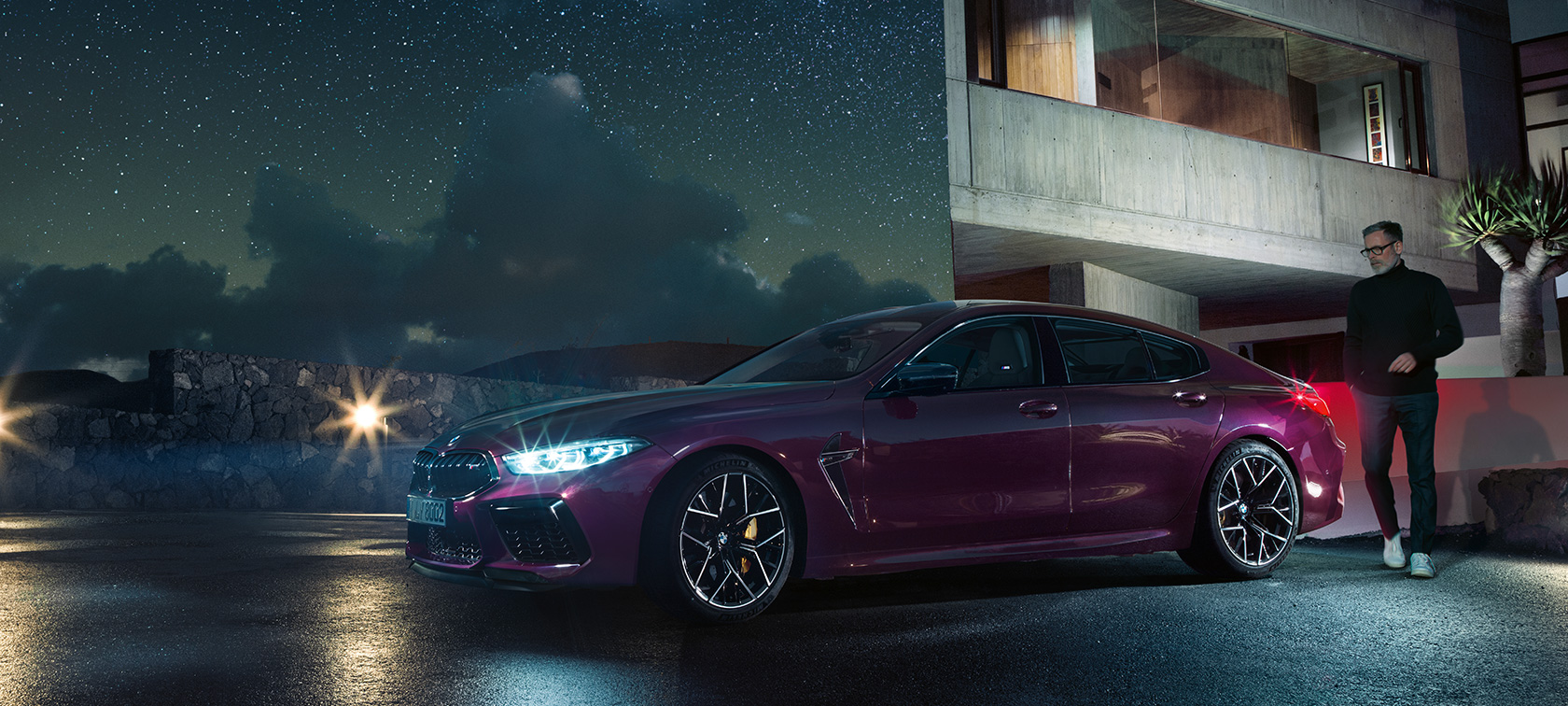 A BMW M8 Competition Gran Coupé A BMW M8 Competition Gran Coupé, 2020, F93, BMW Individual Ametrin metálfényezés, rézsútos oldalnézet