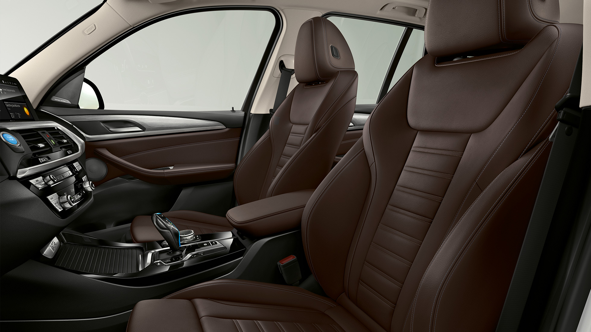BMW iX3, G08, „Impressive” modell, fekete Vernasca bőrkárpittal borított sportülések BMW iX3, G08, 2020, „Impressive” modell, sportülések a vezető és az első utas számára fekete Vernasca bőrkárpittal, belső tér