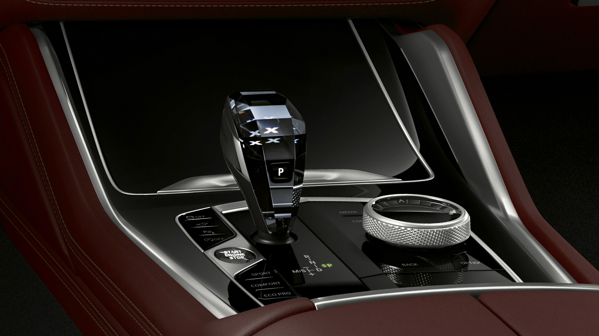 BMW Individual felszereltségű BMW X6, középkonzol. Egy BMW Individual felszereltségű BMW X6 belső tere a középkonzollal.