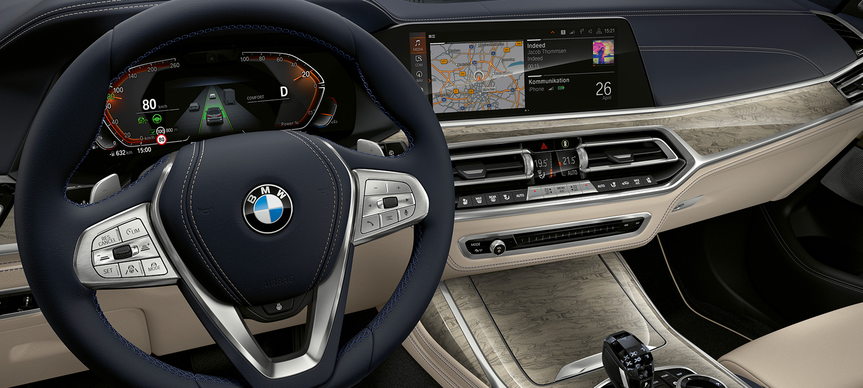 BMW X7, innovatív felszereltségek A BMW X7 műszerfala, fókuszban a műszeregységgel és a vezetői kezelőfelülettel