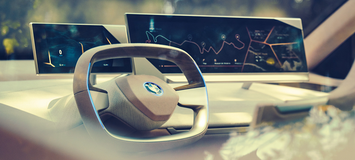 A BMW Vision iNEXT belső tere A BMW Vision iNEXT belső tere a kormánykerékkel és a műszerfallal