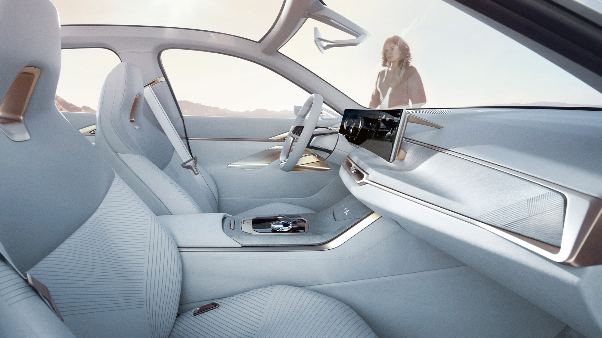 Belső tér, BMW Concept i4, 2020, G26 Belső tér, BMW Concept i4, 2020, G26, elektromos autó, tisztán elektromos meghajtású BMW Gran Coupé