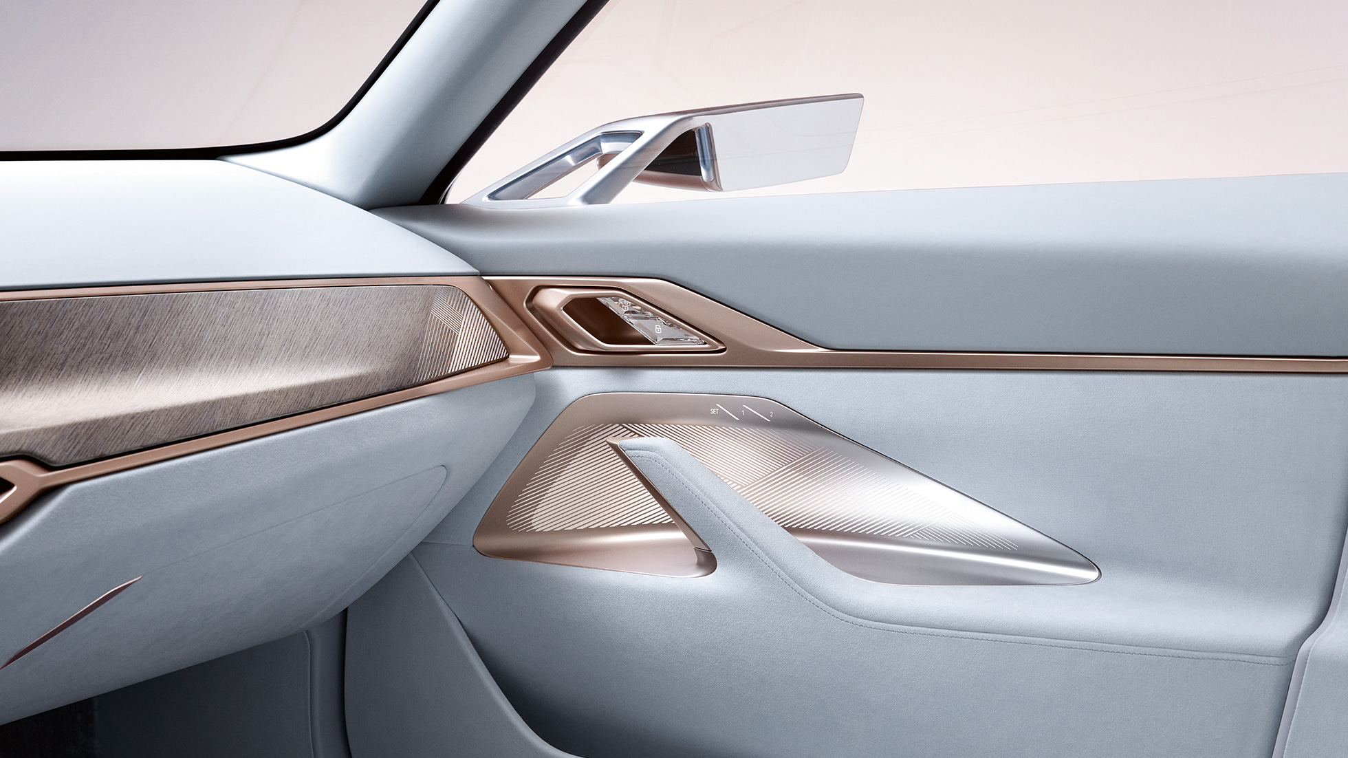 Belső tér, 4, BMW Concept i4, 2020, G26 Belső tér, 4, BMW Concept i4, 2020, G26, elektromos autó, tisztán elektromos meghajtású BMW Gran Coupé, az ajtó közelről a külső tükörrel