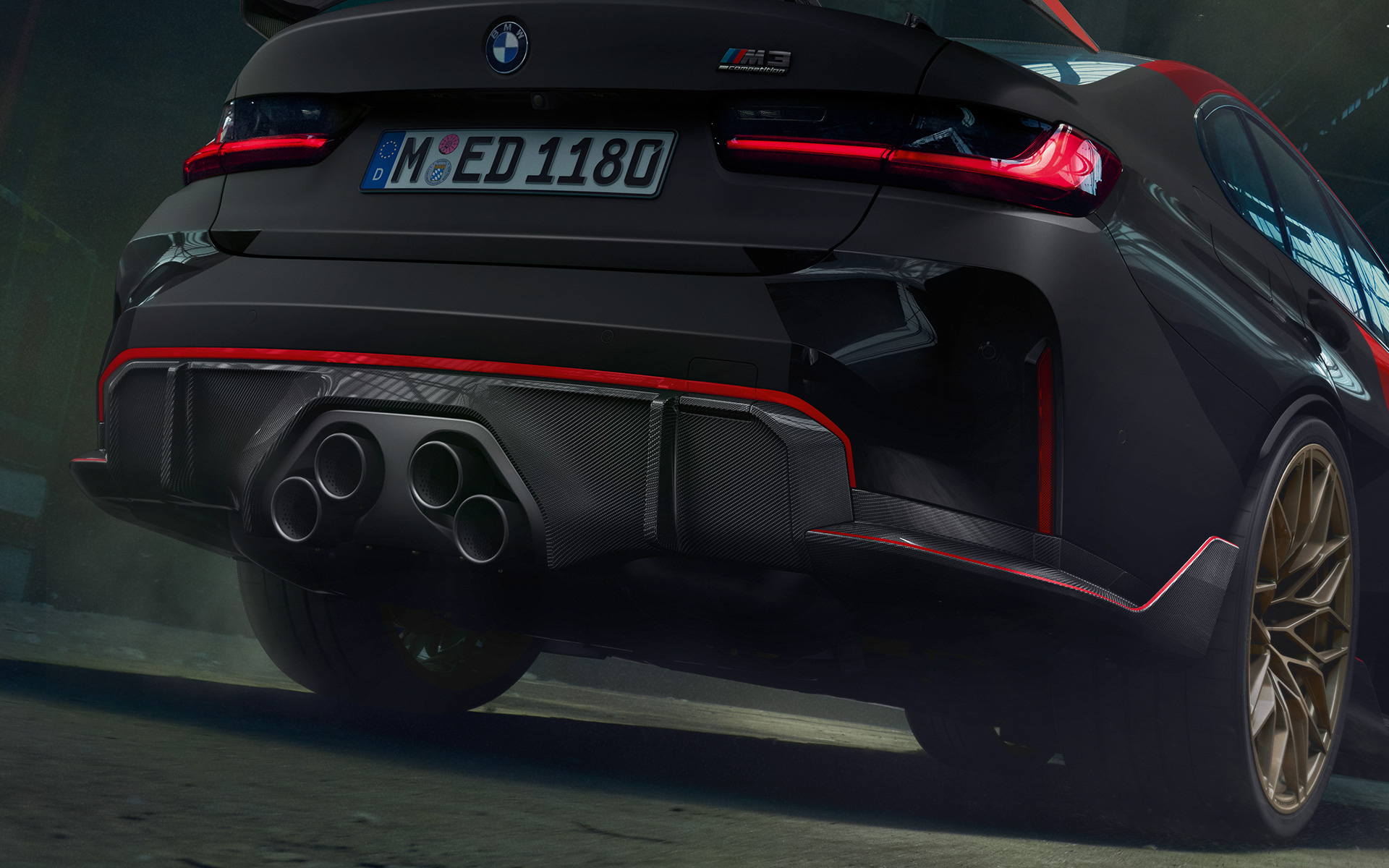 BMW M3, G80, rézsútos hátulnézet BMW M Performance Parts, BMW M3, G80, rézsútos hátulnézet