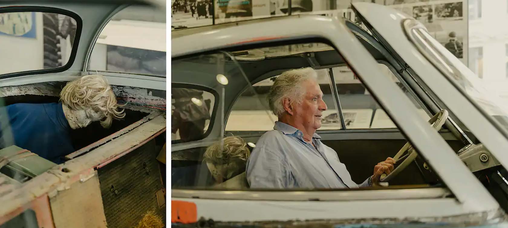 Klaus-Günter Jacobi a „menekülő-Isetta” másolatában a Berlini Fal Múzeum egyik kiállításán. 